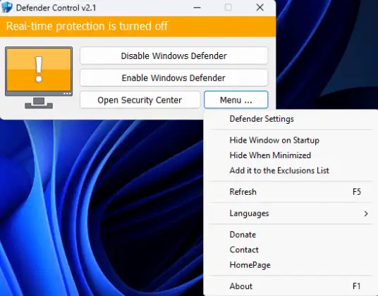 Defender Control Windows: Panduan Aman & Stabil 2 Tampilan antarmuka Windows Defender Control untuk mengaktifkan dan menonaktifkan Windows Defender